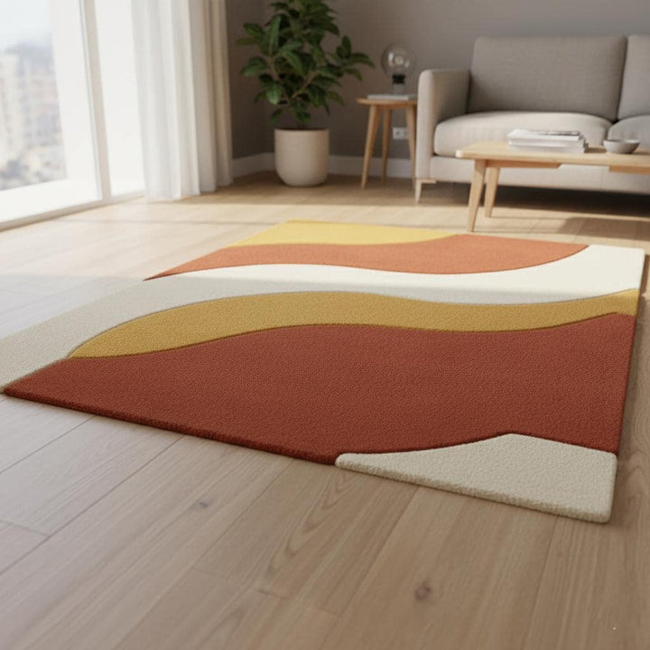 Translation missing: en.Handmade mid century modern rug with abstract wave design in warm earth tones