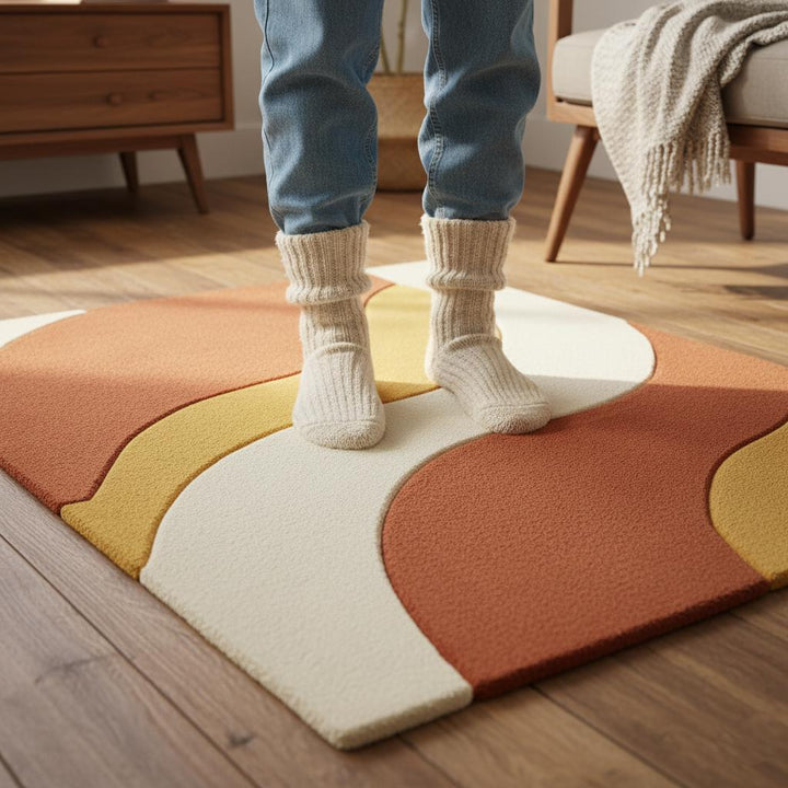 Translation missing: en.Handmade mid century modern wool rug with abstract wave design in burnt orange and mustard tones