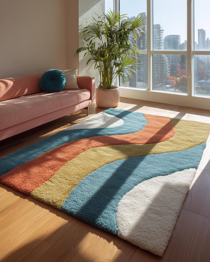 Translation missing: en.Retro wavy rug with teal, rust, and mustard color blocks and soft textured pile