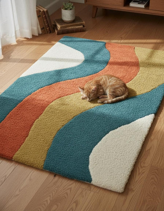 Translation missing: en.Retro Wavy Rug: Teal, Rust &amp; Mustard Abstract Color-Block Teppich