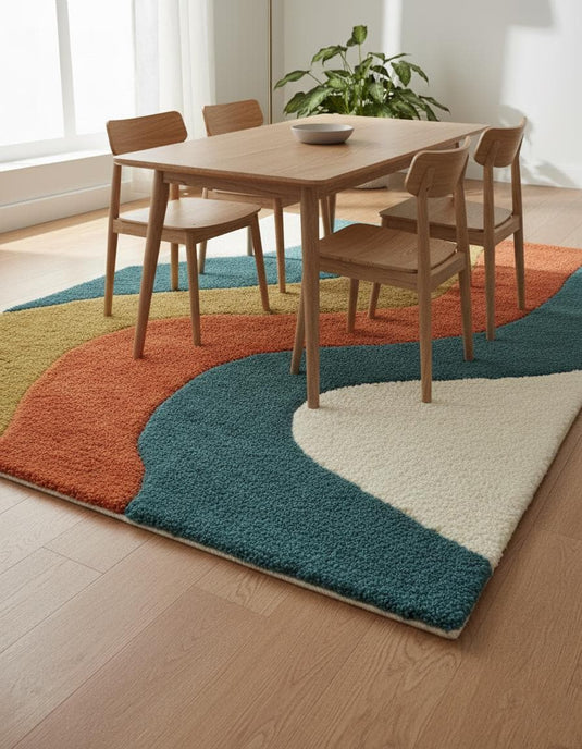 Translation missing: en.Retro Wavy Rug: Teal, Rust &amp; Mustard Abstract Color-Block Teppich
