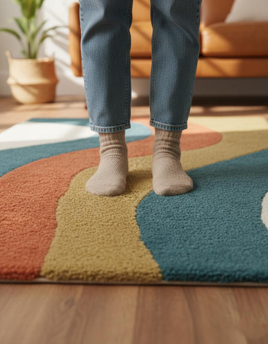 Translation missing: en.Retro Wavy Rug: Teal, Rust &amp; Mustard Abstract Color-Block Teppich