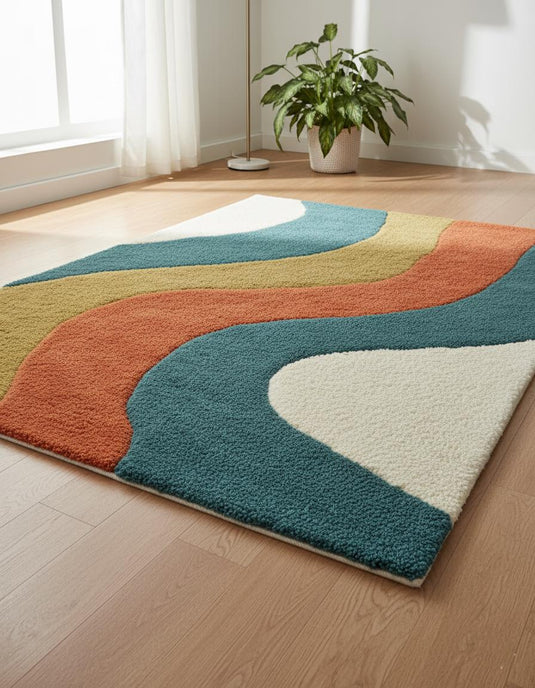 Translation missing: en.Retro Wavy Rug: Teal, Rust &amp; Mustard Abstract Color-Block Teppich