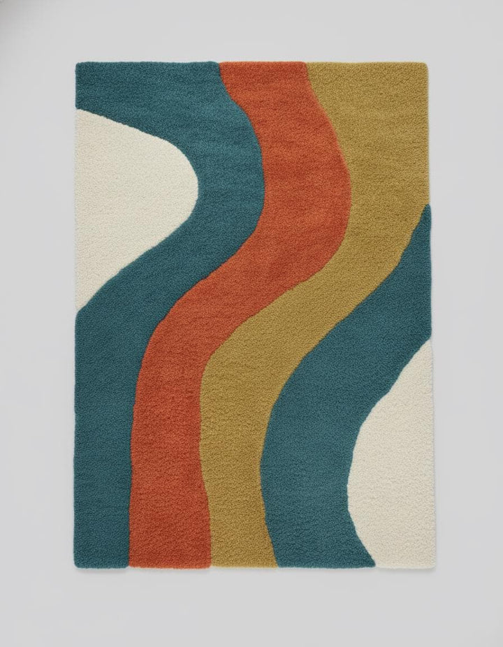 Translation missing: en.Retro Wavy Rug: Teal, Rust &amp; Mustard Abstract Color-Block Teppich