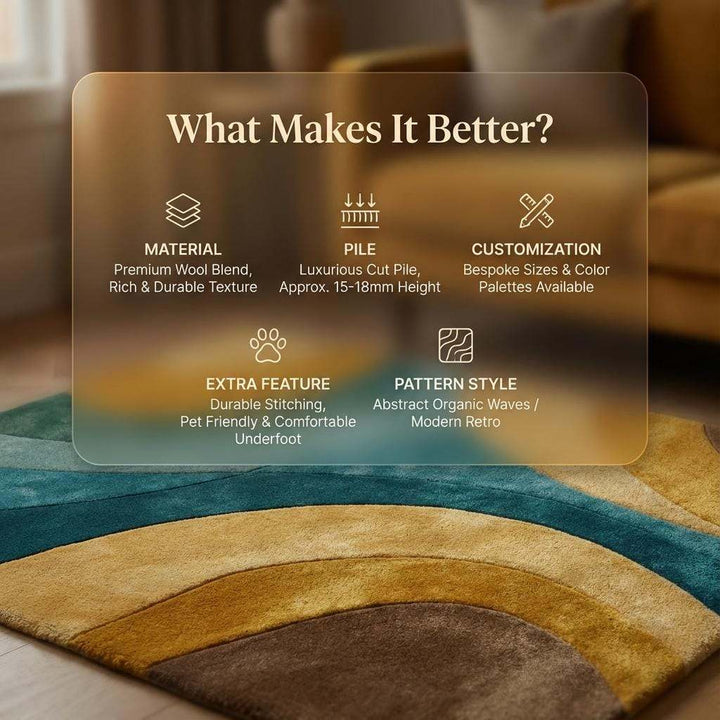 Translation missing: en.Retro abstract wave wool rug in teal, mustard, aqua, and brown with hand-tufted plush texture for modern living room and bedroom decor