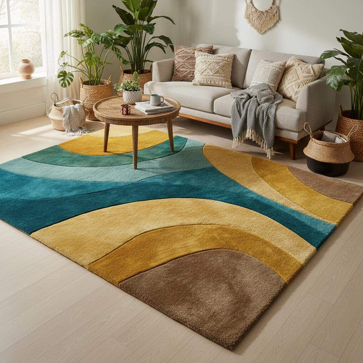 Translation missing: es.Retro abstract wave wool rug in teal, mustard, aqua, and brown with hand-tufted plush texture for modern living room and bedroom decor