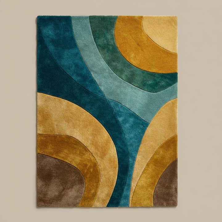 Translation missing: en.Retro abstract wave wool rug in teal, mustard, aqua, and brown with mid-century modern design, hand-tufted and plush for living room or bedroom décor