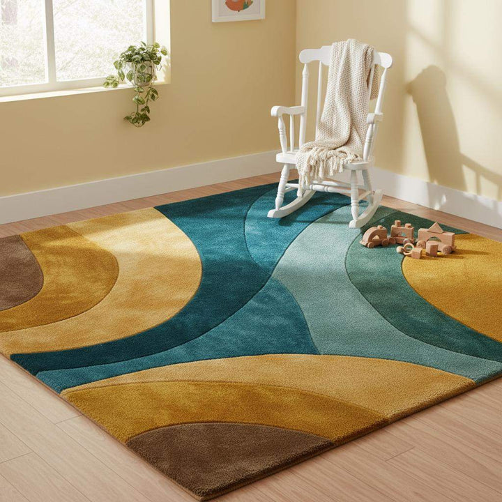 Translation missing: en.Retro abstract wave wool rug in teal mustard with curved lines and plush texture