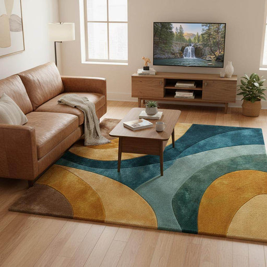 Translation missing: es.Retro abstract wave wool rug with teal, mustard, aqua, and brown curved lines in mid-century style