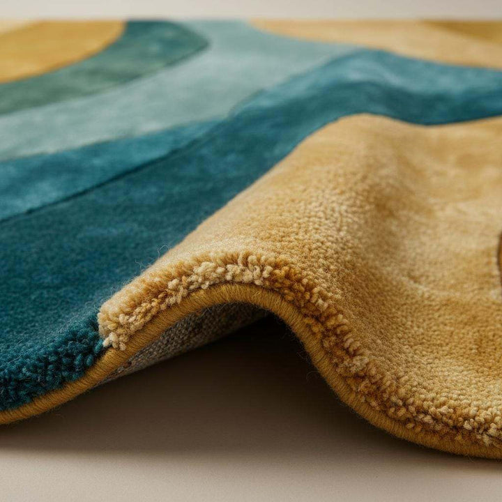 Translation missing: en.Retro abstract wave wool rug in teal, mustard, aqua, and brown with a hand-tufted, mid-century modern design