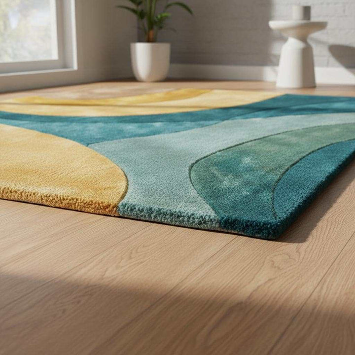 Translation missing: en.Retro abstract wave wool rug in teal and mustard with mid-century modern design and hand-tufted texture