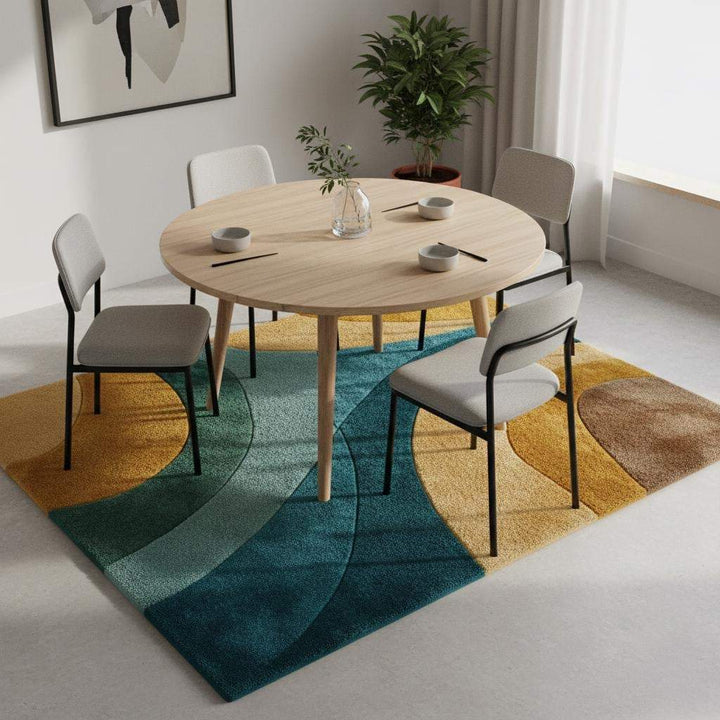 Translation missing: en.Retro abstract wave wool rug in teal, mustard, aqua, and brown with a 70s mid-century modern design and plush hand-tufted texture