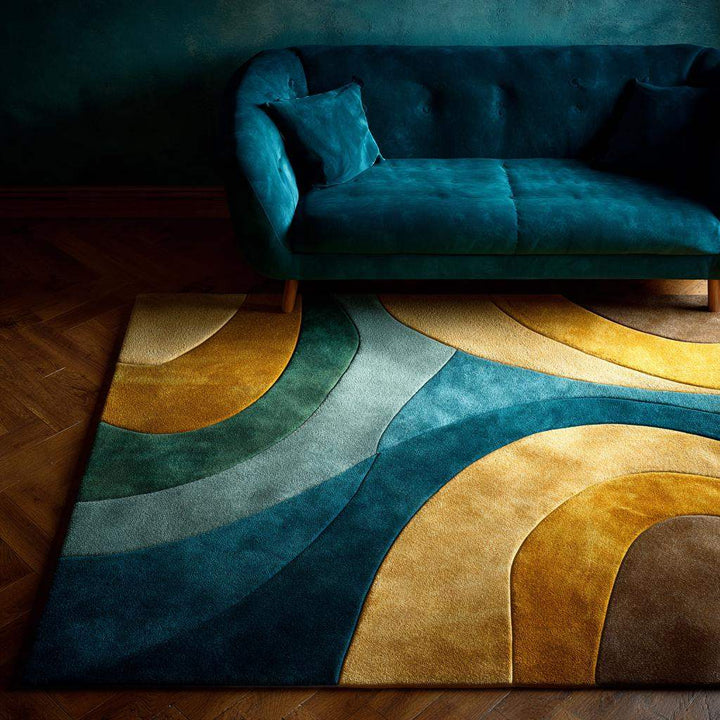 Translation missing: en.Retro abstract wave wool rug with teal, mustard, aqua, and brown curved lines in mid-century modern style