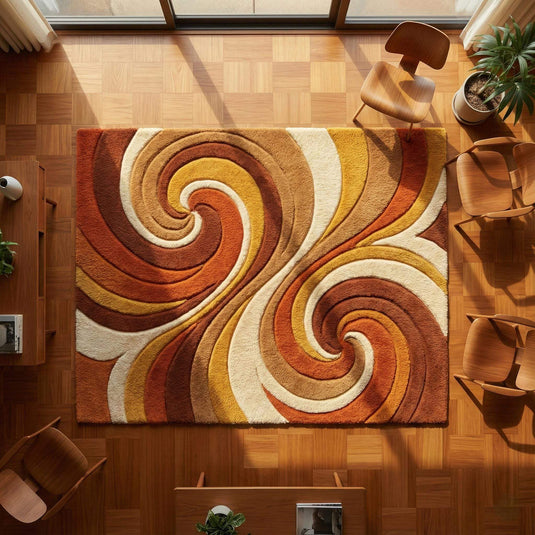 Translation missing: es.Retro abstract wool area rug with warm orange and mustard swirl pattern, hand-tufted high pile carpet for mid-century modern living room decor