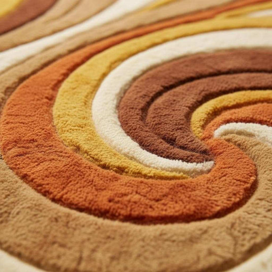 Translation missing: es.Close-up of hand tufted wool rug showing thick high pile texture, sculpted swirl carving, dense wool fibers and plush handmade craftsmanship
