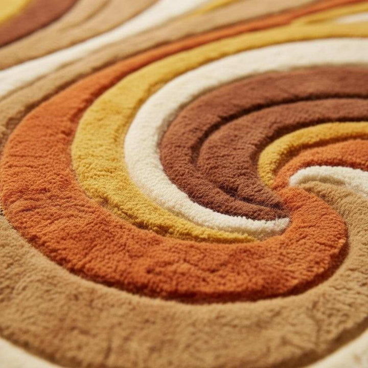 Translation missing: es.Close-up of hand tufted wool rug showing thick high pile texture, sculpted swirl carving, dense wool fibers and plush handmade craftsmanship