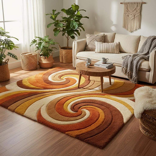 Translation missing: es.Mid century modern living room styled with a retro abstract wool rug on wooden flooring, warm sunlight and modern furniture