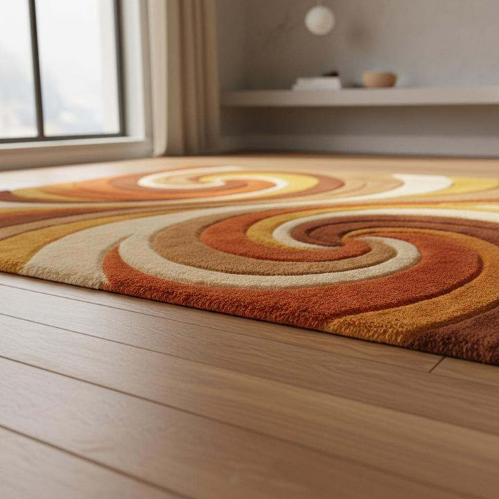 Translation missing: es.Retro Abstract Wool Area Rug, Hand Tufted High Pile Swirl Carpet, Mid Century Modern Living Room Rug, Warm Orange Mustard Home Decor