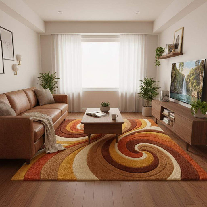 Translation missing: es.Retro Abstract Wool Area Rug, Hand Tufted High Pile Swirl Carpet, Mid Century Modern Living Room Rug, Warm Orange Mustard Home Decor