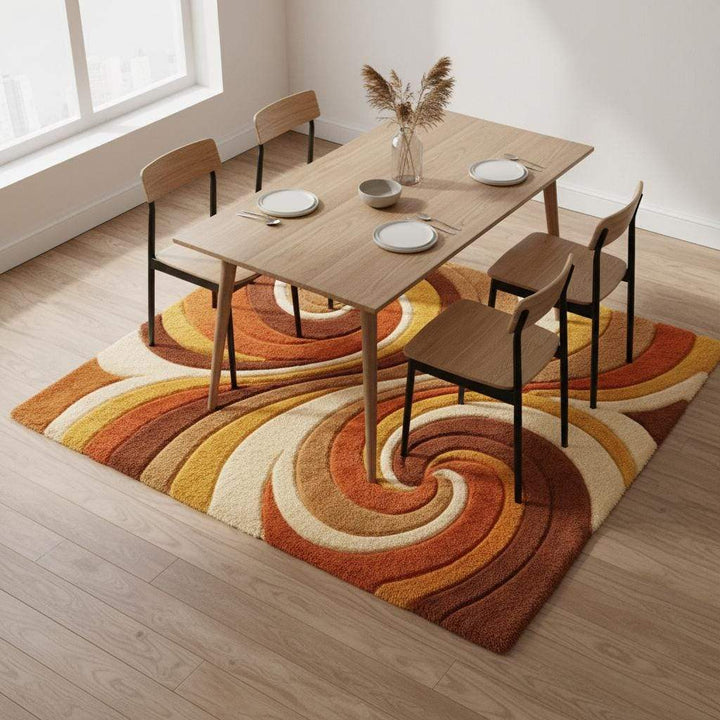 Translation missing: es.Retro Abstract Wool Area Rug, Hand Tufted High Pile Swirl Carpet, Mid Century Modern Living Room Rug, Warm Orange Mustard Home Decor