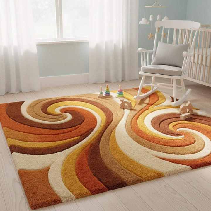 Translation missing: es.Warm tone wool rug featuring burnt orange, mustard yellow, cream and caramel brown colors blended in an artistic swirl pattern