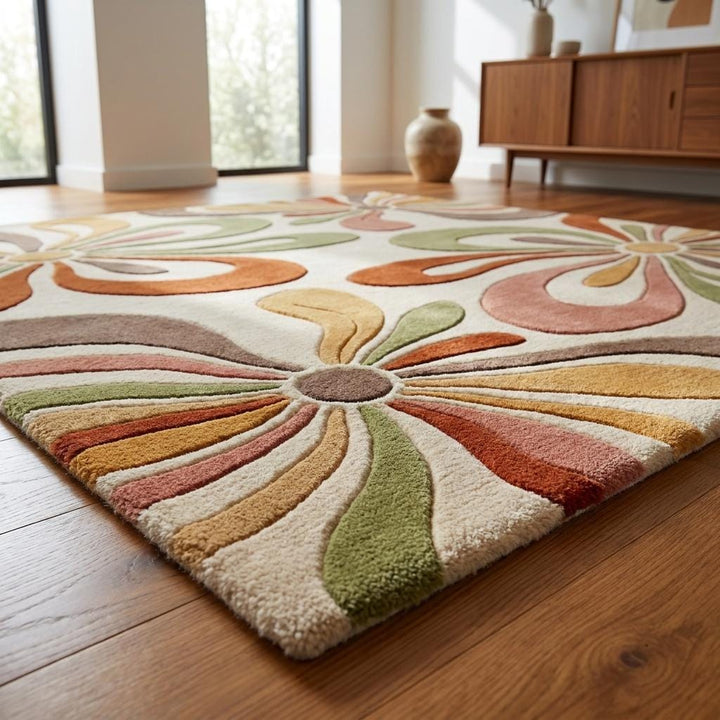 Translation missing: es.Retro Floral Hand Tufted Wool Rug, Handmade Mid Century Modern Area Rug for Living Room Decor __etsy:8085267743