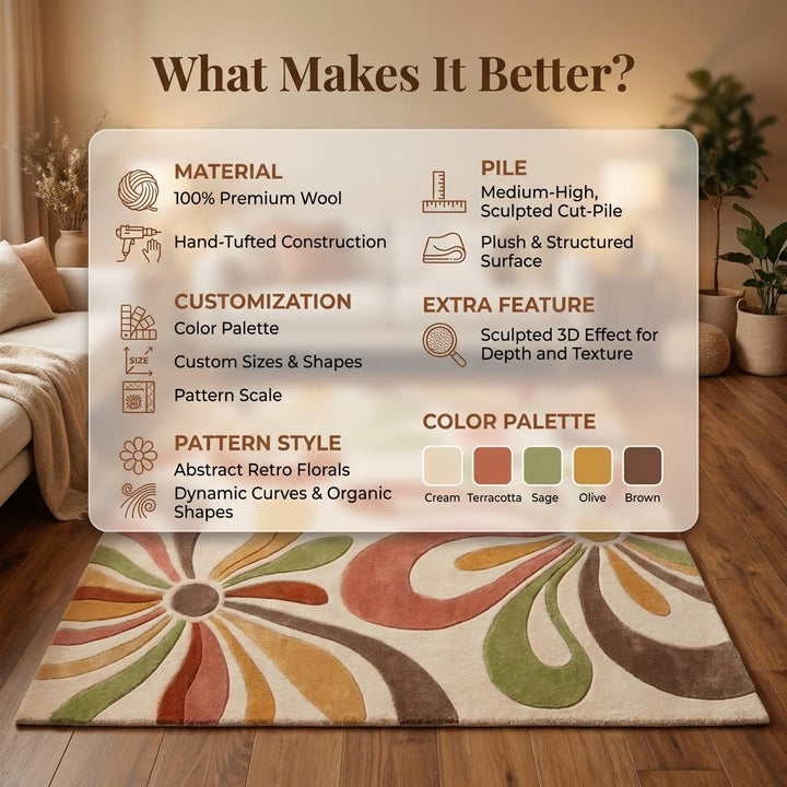 Translation missing: es.Retro Floral Hand Tufted Wool Rug, Handmade Mid Century Modern Area Rug for Living Room Decor __etsy:8037353906