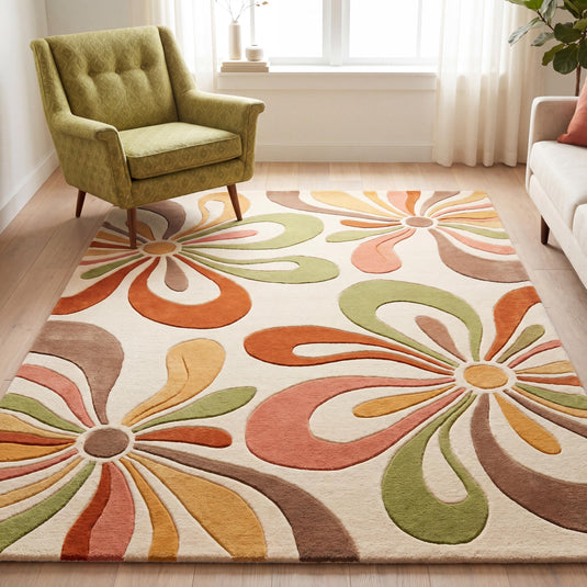 Translation missing: es.Handmade retro floral wool rug with oversized mid century flower patterns in sage green, terracotta, blush, and mustard tones styled in a bright modern living room __etsy:8037354152