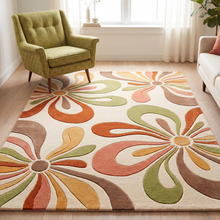 Translation missing: es.Handmade retro floral wool rug with oversized mid century flower patterns in sage green, terracotta, blush, and mustard tones styled in a bright modern living room __etsy:8037354152