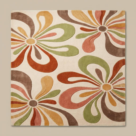 Translation missing: es.Mid century modern floral area rug in warm earthy tones placed beneath accent chair in cozy contemporary living room interior __etsy:8037353908