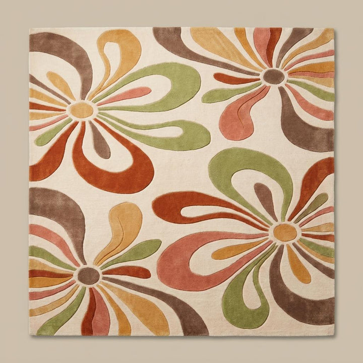 Translation missing: es.Mid century modern floral area rug in warm earthy tones placed beneath accent chair in cozy contemporary living room interior __etsy:8037353908