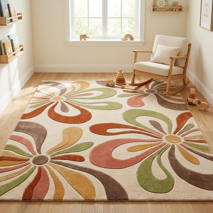 Translation missing: es.Colorful handmade wool rug with abstract floral design styled with natural wood flooring and modern Scandinavian furniture __etsy:8037353766