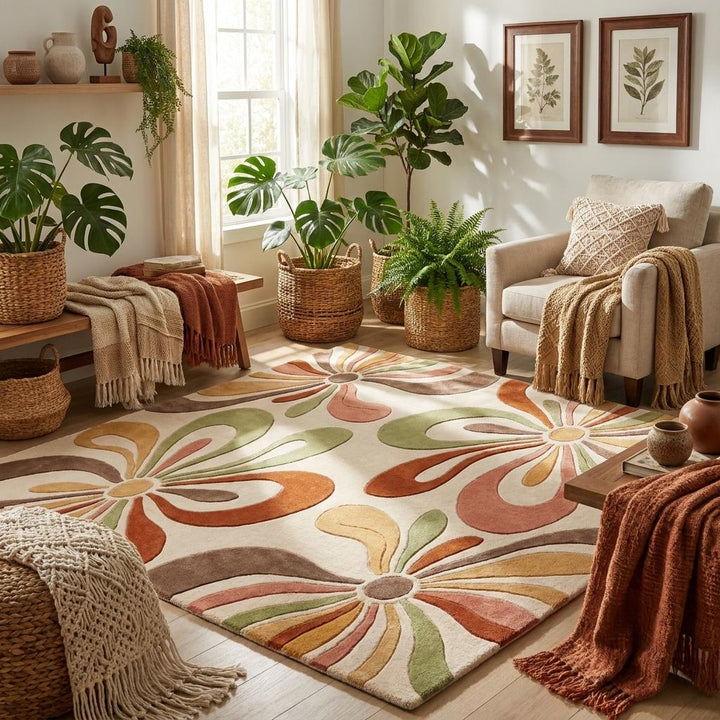 Translation missing: es.Premium hand-tufted area rug with retro daisy-inspired pattern designed for bedroom, lounge, or creative studio interiors __etsy:8085267885