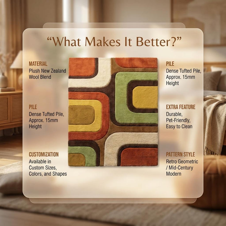 Translation missing: en.Colorful retro rug displaying burnt orange, mustard yellow, olive green, cream, and dark brown tones in a balanced geometric layout