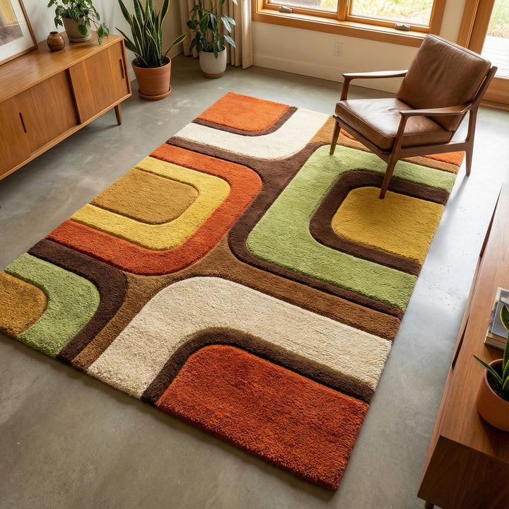 Translation missing: en.Retro geometric area rug with curved abstract pattern and earthy tones for mid century modern decor