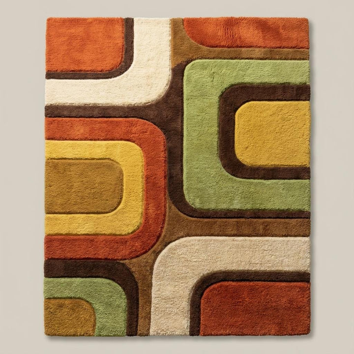 Translation missing: en.Abstract curved block design on retro area rug featuring layered shapes inspired by 70s mid century patterns
