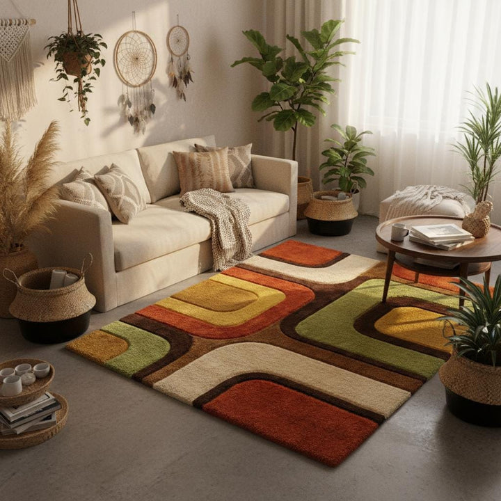 Translation missing: en.Mid century modern living room styled with retro geometric rug, wooden furniture, indoor plants, and warm natural lighting