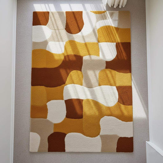 Translation missing: es.Retro Geometric Area Rug: Mustard Yellow, Brown &amp; White Abstract Carpet