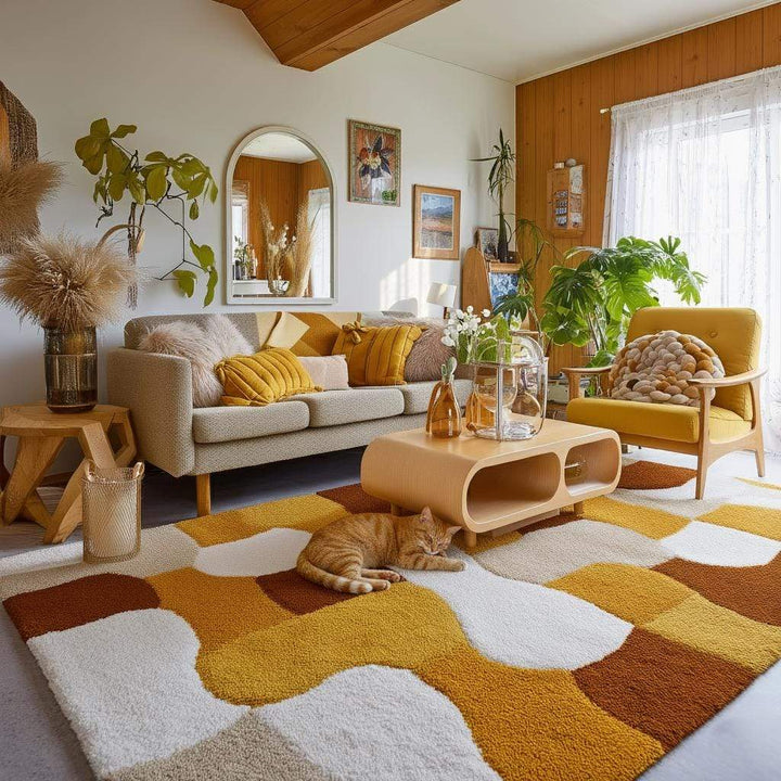 Translation missing: en.Retro Geometric Area Rug: Mustard Yellow, Brown &amp; White Abstract Carpet