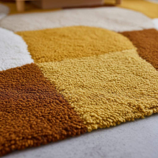 Translation missing: es.Retro Geometric Area Rug: Mustard Yellow, Brown &amp; White Abstract Carpet