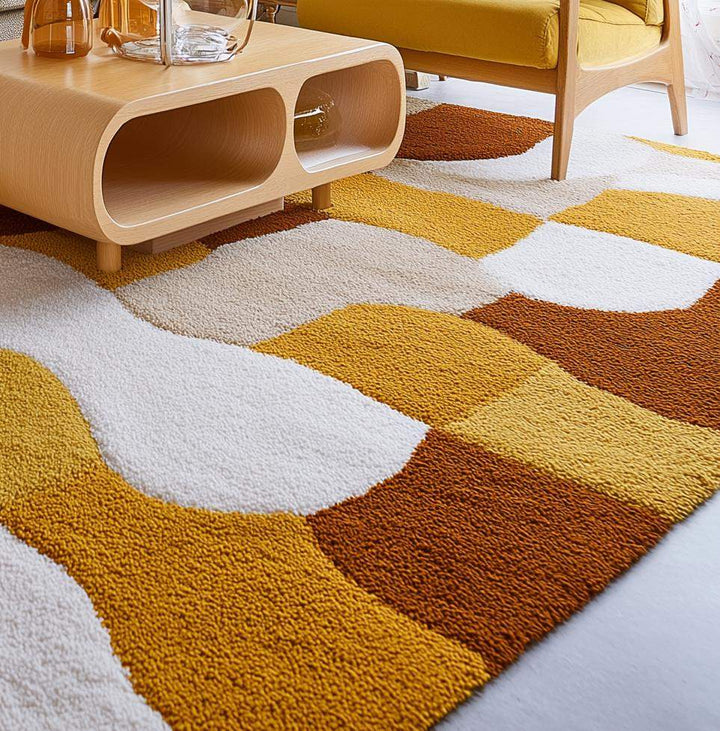 Translation missing: en.Retro Geometric Area Rug: Mustard Yellow, Brown &amp; White Abstract Carpet