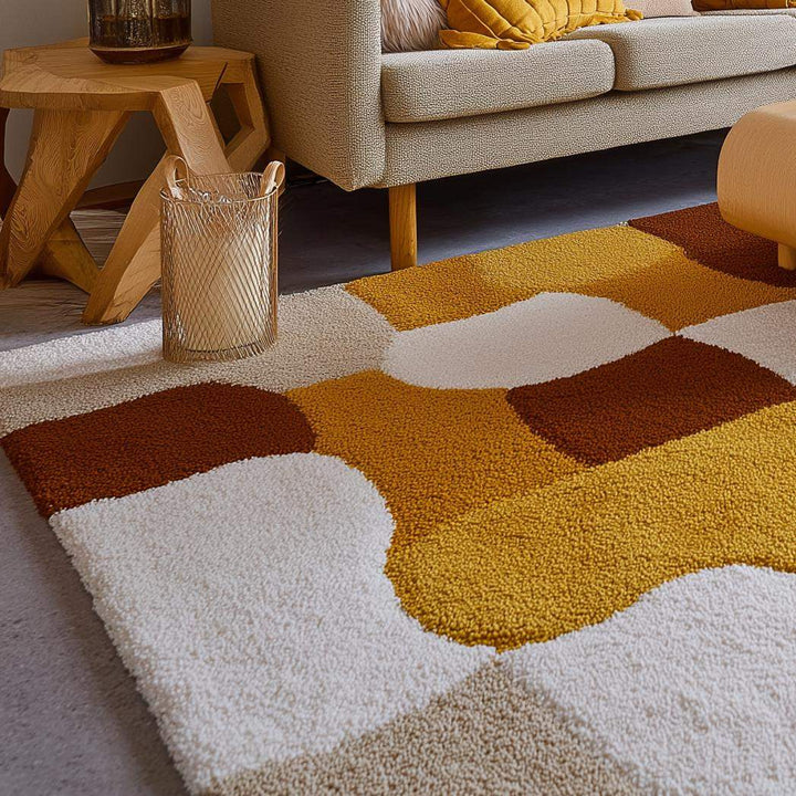 Translation missing: en.Retro Geometric Area Rug: Mustard Yellow, Brown &amp; White Abstract Carpet