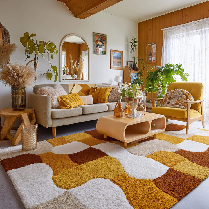 Translation missing: en.Retro Geometric Area Rug: Mustard Yellow, Brown &amp; White Abstract Carpet