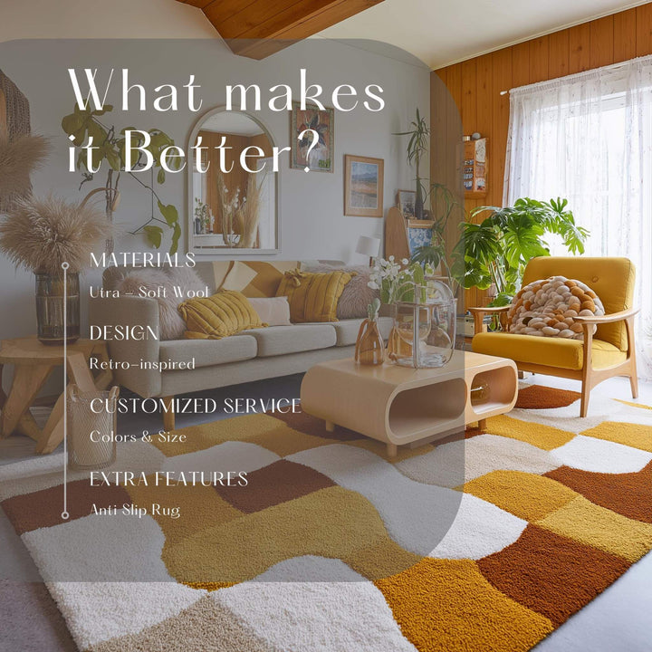 Translation missing: en.Retro Geometric Area Rug: Mustard Yellow, Brown &amp; White Abstract Carpet