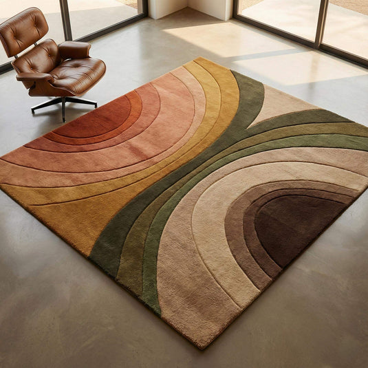Translation missing: en.Retro mid-century abstract hand-tufted rug with sculpted curved pattern in warm earthy tones