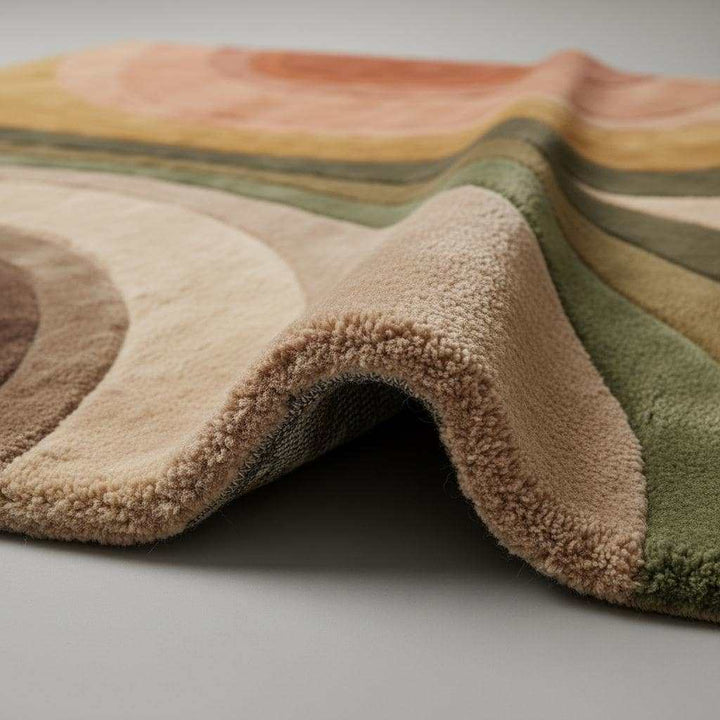 Translation missing: en.Close up of plush cut pile hand tufted rug showing dense fibers, sculpted curved lines, and smooth carved texture detail