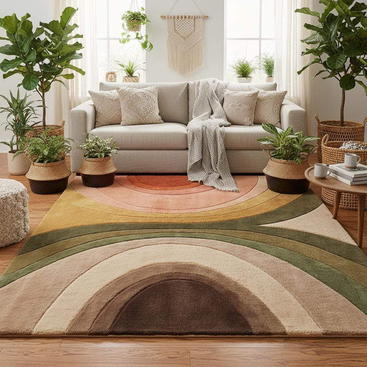 Translation missing: en.Mid century modern living room rug with warm rust, mustard, olive, and beige tones adding depth and movement