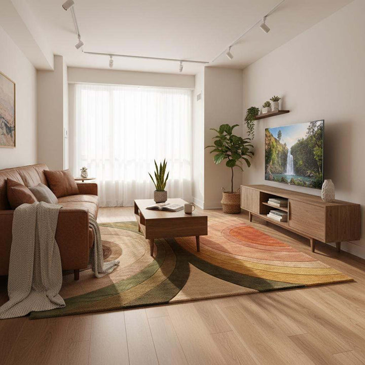 Translation missing: en.Earthy color palette rug featuring terracotta, mustard, olive green, sage, beige, and brown tones
