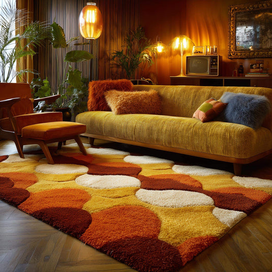 Translation missing: es.Retro shag rug with deep pile and geometric circles in 70s style colors