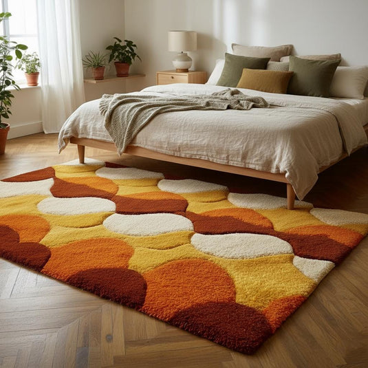 Translation missing: es.Retro shag rug with hand-tufted wool and geometric circles in warm 70s colors